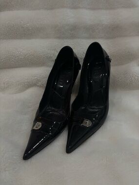 Christian Dior Black Patent Leather Pointed-Toe Heels with Silver D Buckle